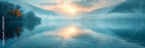 The sun is setting over a lake with mountains in the background