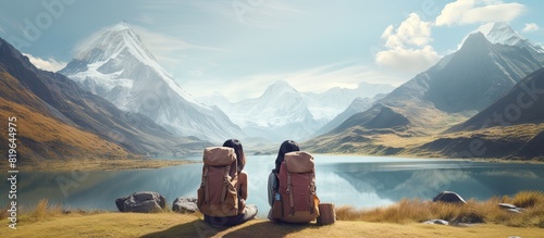 Asian women with backpacks sit by the lake admiring the mountains in the background in a tranquil scene with copy space image potential