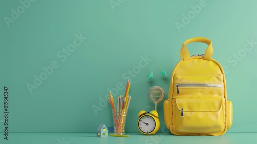 Yellow Backpack and School Gear on Green Background
