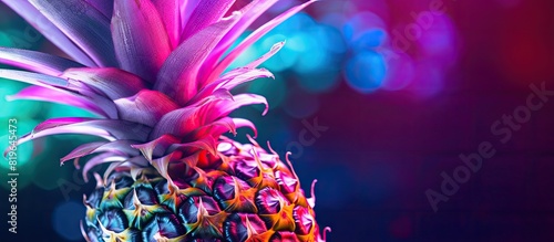 Neon light enhances the close up texture of fresh ripe pineapple in a vivid copy space image
