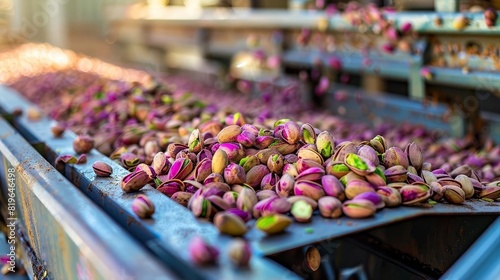 Showcase the process of harvesting and processing pistachios in agricultural landscapes