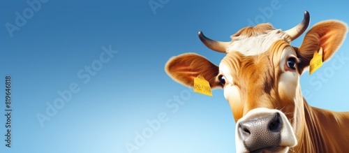 Close up image of a comical cow with a copy space image