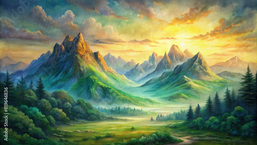 Majestic mountains towering over a lush green valley, kissed by the golden light of the setting sun