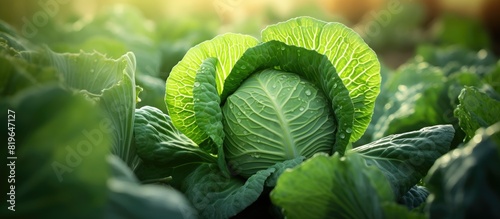 Lush cabbage patch thriving in the garden with a copy space image