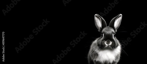 beautiful black and white rabbit on a black background the animal looks straight. Copy space image. Place for adding text and design