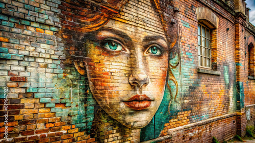 Close-up of a weathered graffiti mural on an old brick wall, evoking nostalgia and urban decay