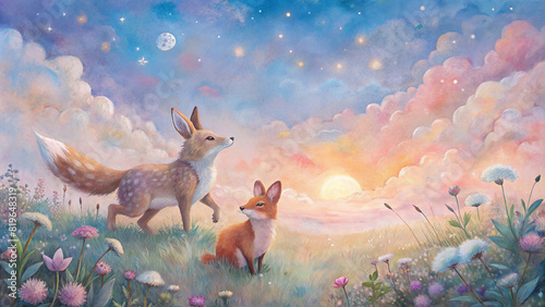 A whimsical illustration of a fox and rabbit frolicking together in a field of wildflowers, under a pastel-colored sky filled with fluffy clouds