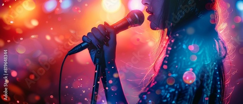 Person holding a microphone, performing at a music concert, bright stage lights, high resolution, digital art, detailed 8K , high-resolution, ultra HD,up32K HD