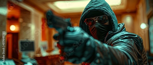 Burglar caught by police during a bank heist, focus on currency and crime scene, vibrant colors, high resolution, photorealistic 8K , high-resolution, ultra HD,up32K HD