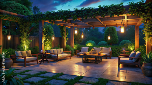 An inviting outdoor patio with comfortable seating and verdant foliage, perfect for al fresco dining or leisurely lounging.