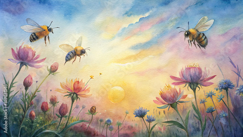 Bees buzz lazily among the flowers, collecting nectar as the sun sets in the distance