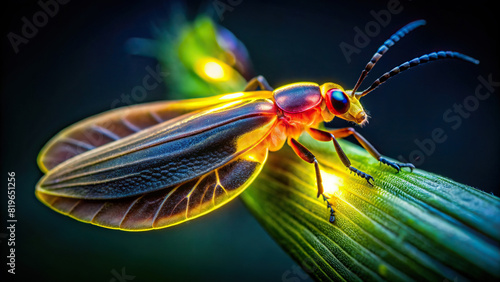 Close-up of a firefly glowing in the dark, with its light patterns visible against a clear background