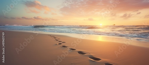 Horizontal color photo of female footprints in the sand on a tropical beach at sunrise or sunset with a copy space image