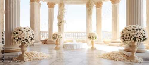 The outdoor wedding registration venue is elegantly decorated with golden columns and round white flowers creating a picturesque setting for the ceremony with copy space image