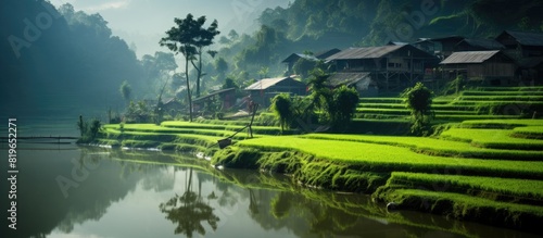 Asia a quaint rural village with sprawling green landscapes and traditional architecture ideal for serene living with a copy space image