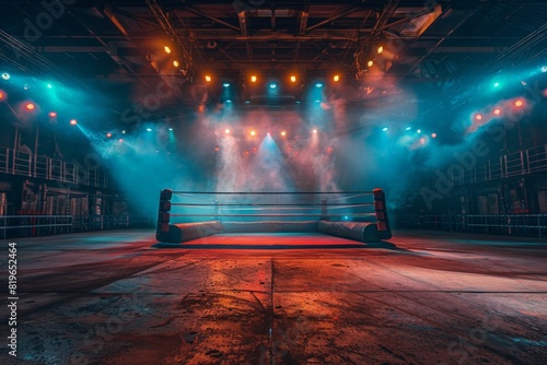 Dramatic shot of an empty boxing ring illuminated by colorful stage lights, ready for an intense match in a dimly lit arena.