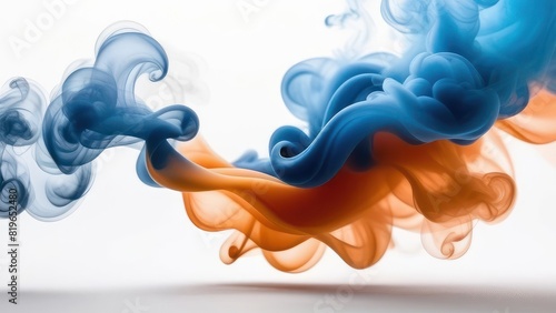 Ink colored smoke peach fuzz and blue blend on white background. Dopamine colors. on white background. fluid splash on vibrant fume texture creative abstract background. Bright colored smoke