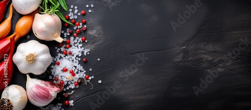 Fresh garlic arrows marinating on a dark gray concrete background with ingredients such as salt sugar vinegar bay leaf water and sweet pepper against a copy space image