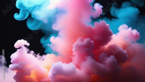 Magic mixing of color. Peach fuzz, magenta, cyan cloud ink drop. Ink color blend. Transition reveal effect. Neon splash on vibrant fume texture creative abstract background. Bright colored smoke