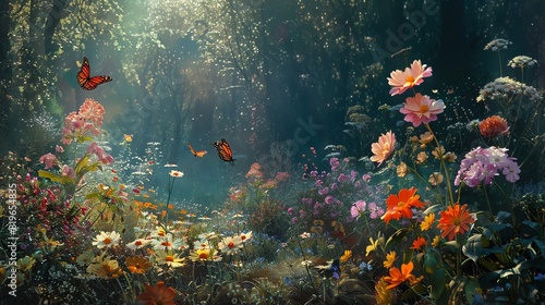 Within the hushed sanctuary of the forest, an abundance of colorful flowers sway gently, their petals kissed by butterflies drifting on the wind
