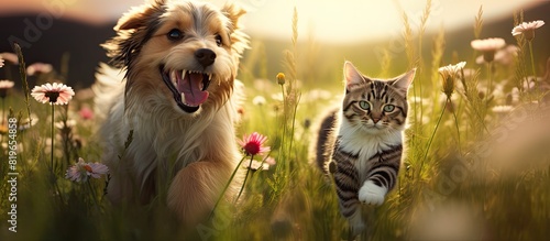 A cat and a dog joyfully romp through a blossoming summer meadow with a beautiful background for a copy space image
