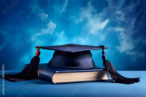 Graduation cap and diploma web banner, graduation mortar hat and degree on blue panoramic background with copy space.