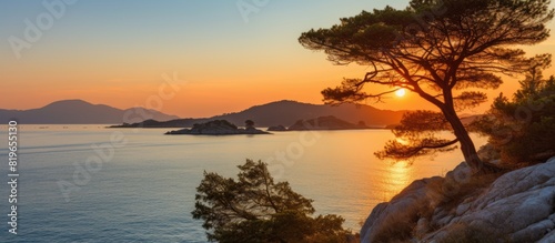 Adriatic Sea coast at sunset with islands peaceful view with copy space image
