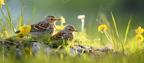 Two fieldfare chicks Turdus pilaris have ventured out of their nest and are perched on the fresh spring lawn eagerly anticipating food from their parents in a charming wildlife scene with a copy spac