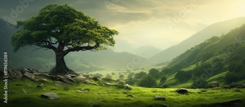 A lone tree stands amidst lush greenery in a botanical setting with copy space image