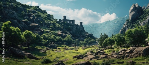 Scenic summer mountain landscape with inaccessible boulders ruins near an ancient castle and rocks in the forest all against a backdrop with copy space image