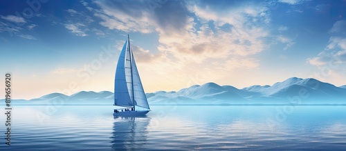 A sailboat sailing in the morning on the sea with a beautiful scenic backdrop with a copy space image