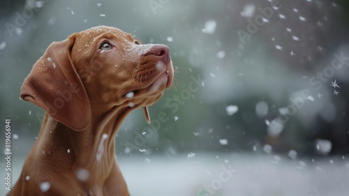 Cute Hungarian Vizsla Puppy Enjoying a Snowy Day Outdoors 