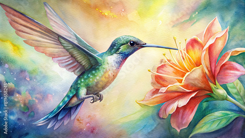 Close-up of a hummingbird sipping nectar from a vibrant flower, with its iridescent feathers shimmering in the sunlight 