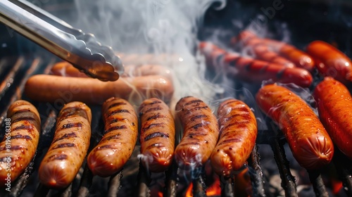 Sausages and hot dogs grilling with tongs flipping them, smoke rising