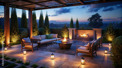 Inviting outdoor patio with comfortable seating and a fire pit, perfect for al fresco gatherings
