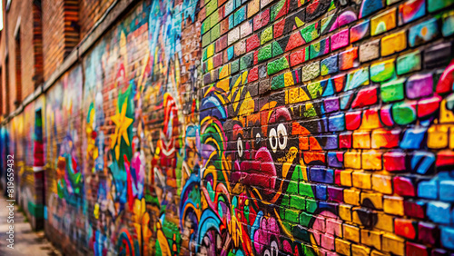 A close-up shot of graffiti tags and colorful doodles covering a brick wall, showcasing the spontaneous creativity of street art