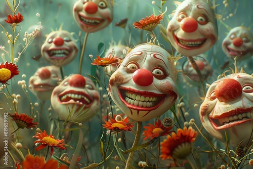 Surreal image of numerous clown faces with red noses and exaggerated smiles blooming like flowers in a whimsical landscape.