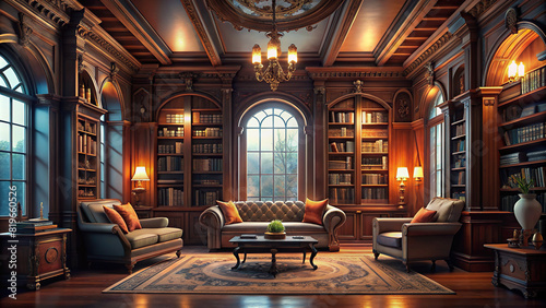 Luxurious home library with rich wood paneling and cozy reading nooks, a haven for book lovers