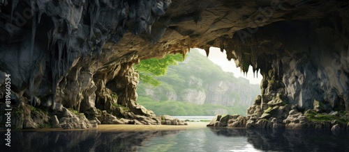 A limestone cave entrance featuring a copy space image