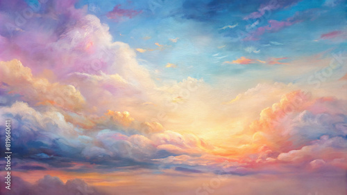 The sky above is a canvas of soft pastels, blending seamlessly with the vibrant hues below