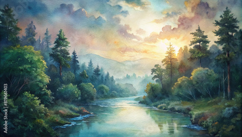An enchanting view of a tranquil river flowing through a dense forest, with sunlight filtering through the canopy under a watercolor sky