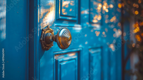 Ornate brass doorknob on a blue door, bokeh lights in background, concept of entrance. Generative AI