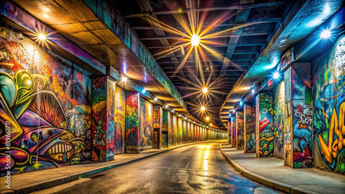 A wide-angle view of a graffiti-covered underpass, illuminated by the soft glow of streetlights, creating a captivating urban scene