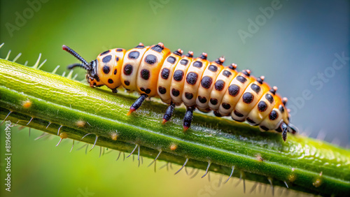 Detailed view of a ladybug larvae on a plant stem, with its segmented body and tiny legs