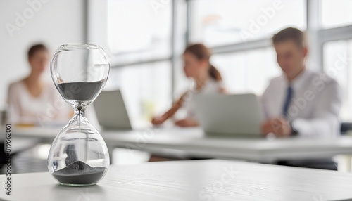  Close up of hourglass on a desk in an office with people working behind on blurred background