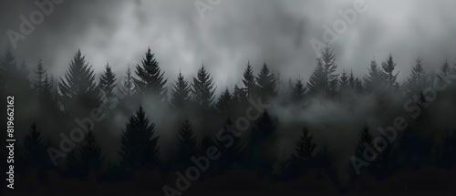 minimalist dark wallpaper, smoke in the distance above pine forest, dark grey and black colors with a subtle gradient effect in the style of forest.