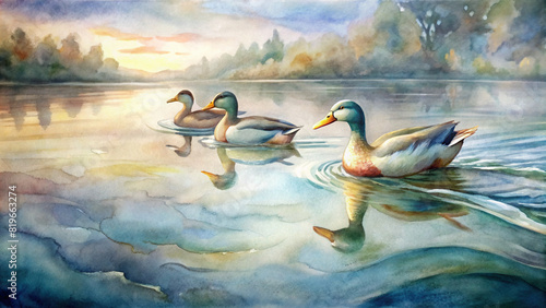Ducks glide gracefully across the glassy surface, their reflections shimmering in the gentle ripples