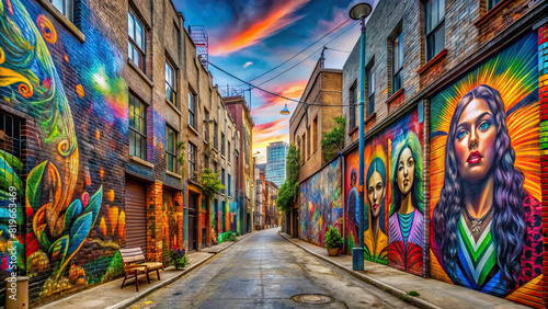 A panoramic view of a city alley filled with striking street art murals, adding character to the urban landscape.