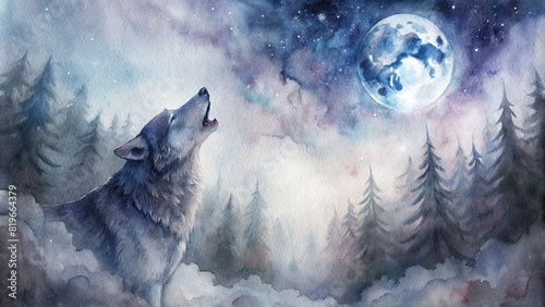 A dreamy watercolor illustration of a lone wolf howling at the moon, its haunting cry echoing through a misty forest shrouded in ethereal moonlight
