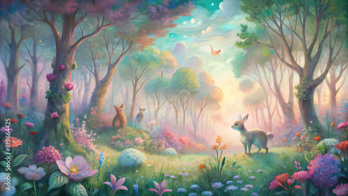 A whimsical painting of a magical forest glade, where woodland creatures frolic among vibrant flowers under a soft, pastel sky